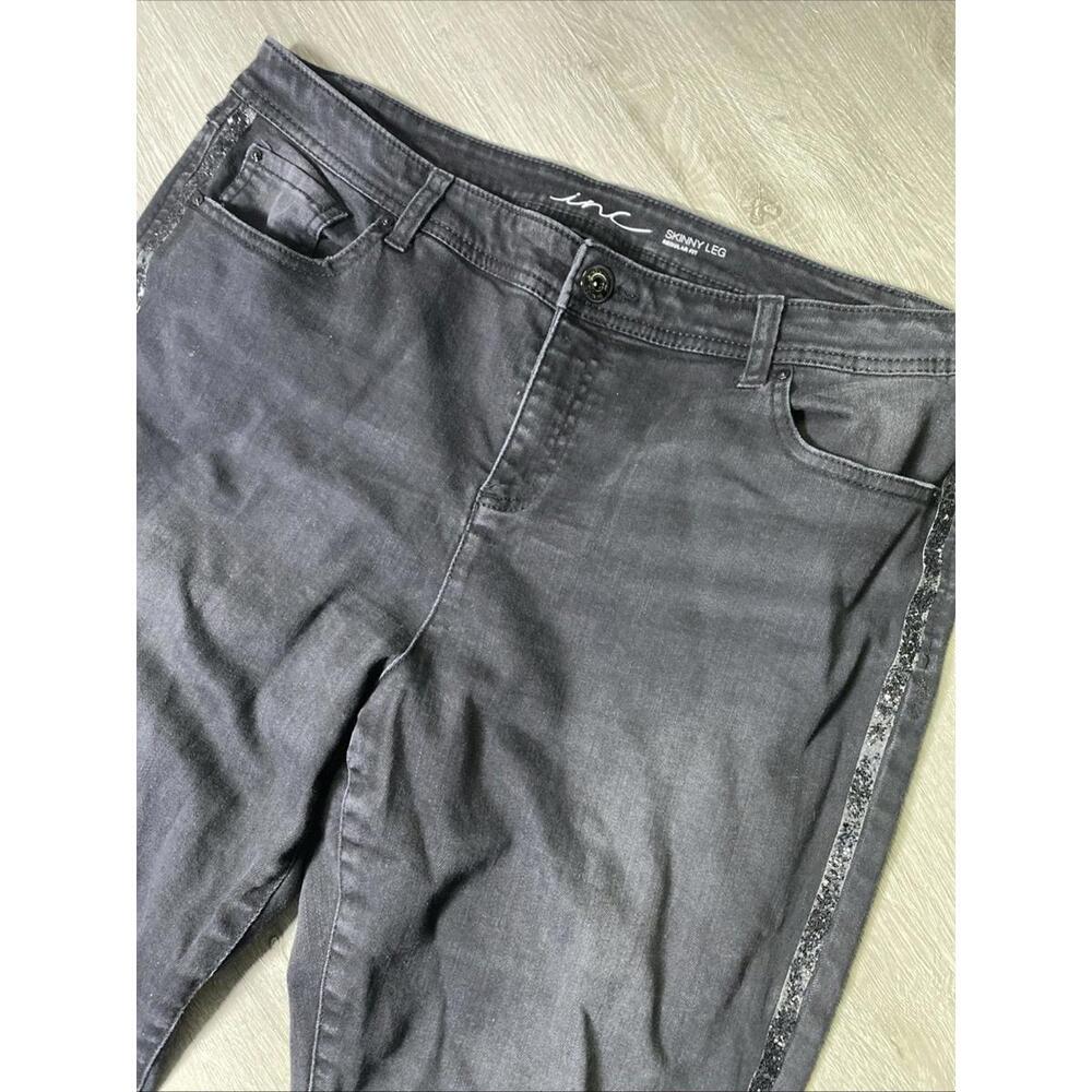 INC Skinny Jeans Regular Fit Size 16 Women’s Black Denim Glitter Detail Rockstar
